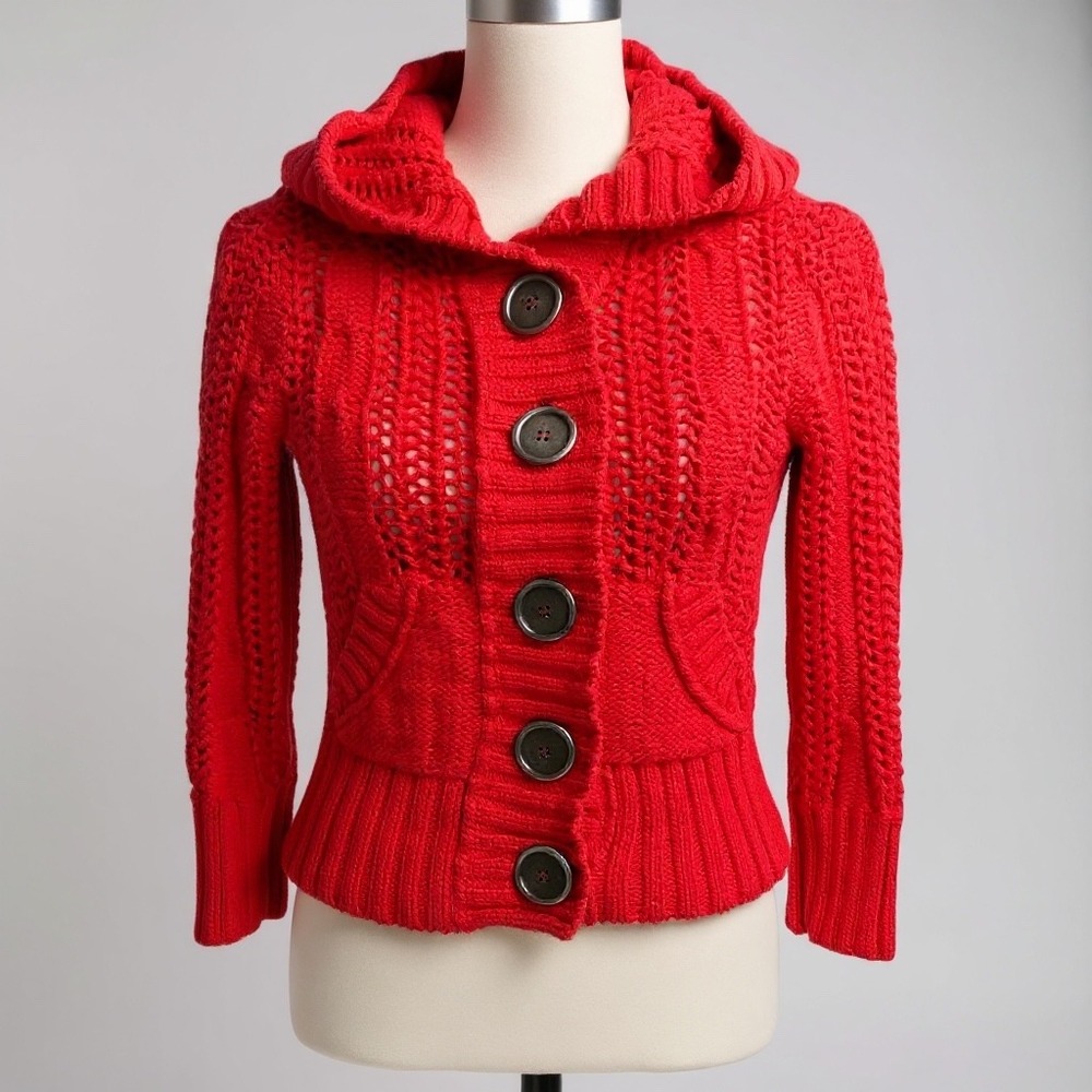 Free People Red Knit Button Front Hooded Cardigan Sweater XS